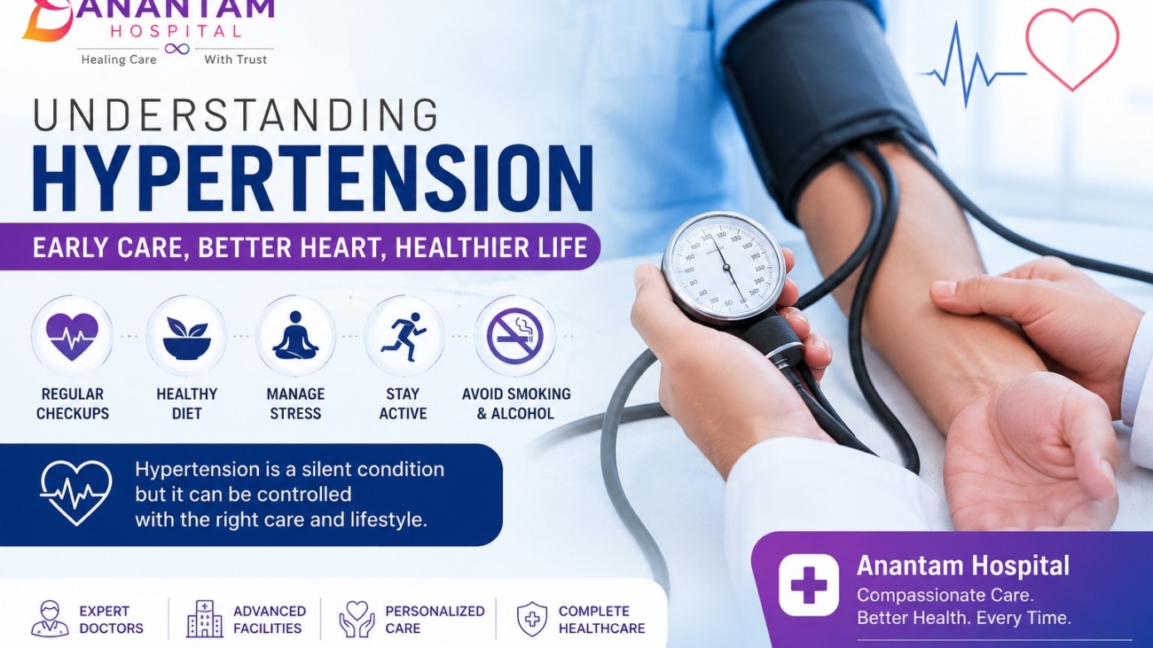 Doctor checking blood pressure in a hypertension awareness poster by Anantam Hospital.
