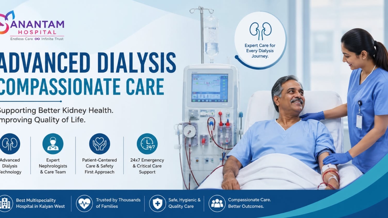 Patient receiving dialysis treatment with support from a healthcare professional at Anantam Hospital.
