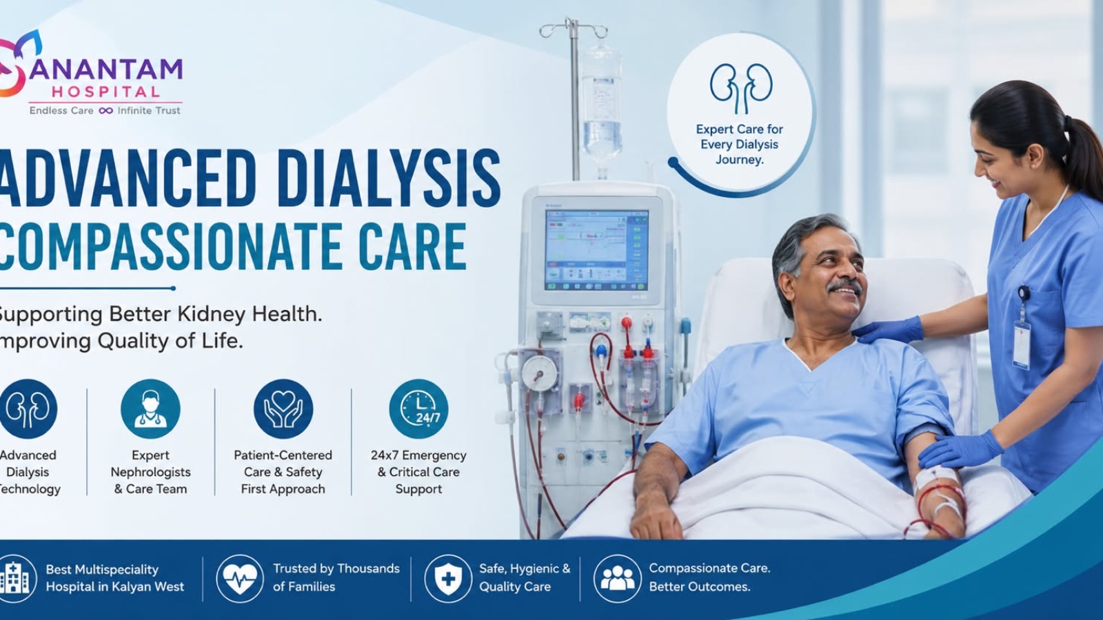 Patient receiving dialysis treatment with support from a healthcare professional at Anantam Hospital.