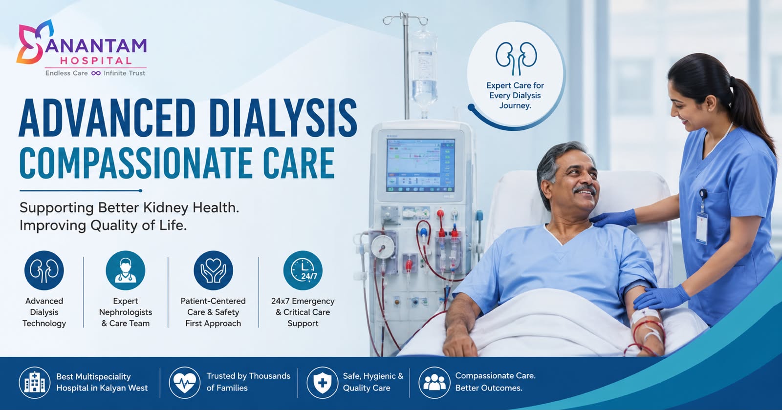 Patient receiving dialysis treatment with support from a healthcare professional at Anantam Hospital.