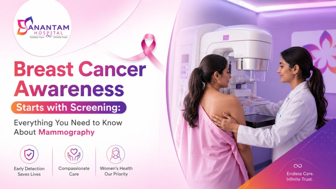 Woman undergoing breast cancer screening with mammography at Anantam Hospital, Kalyan West for early breast cancer detection.