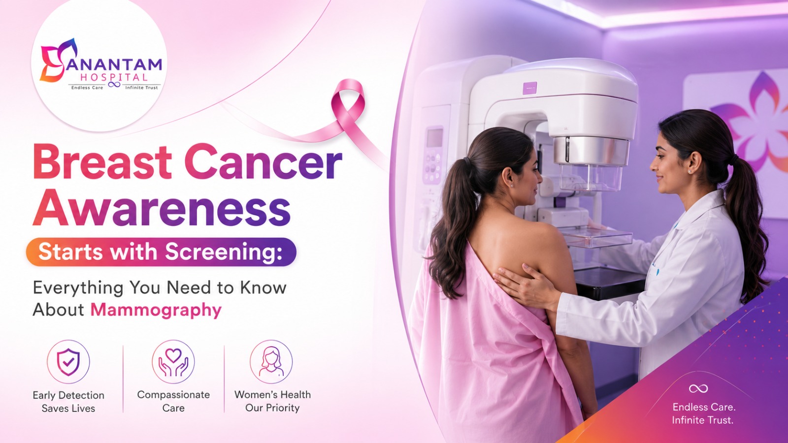 Woman undergoing breast cancer screening with mammography at Anantam Hospital, Kalyan West for early breast cancer detection.