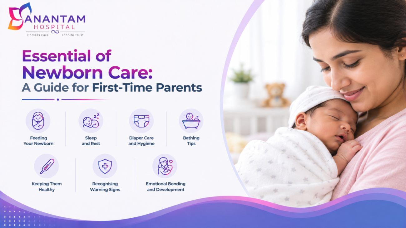 Parent holding newborn baby with essential of newborn care guidance at Anantam Hospital